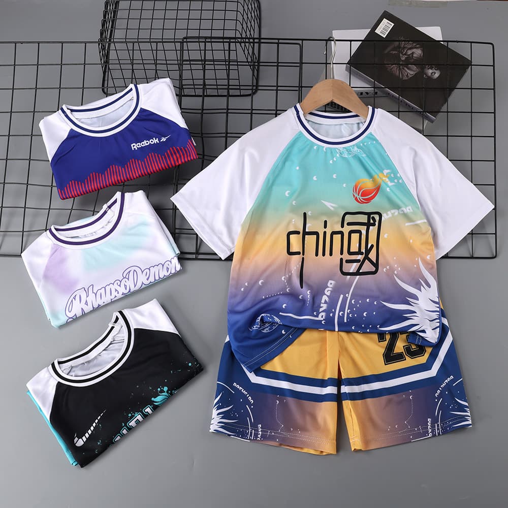 Boys 2026 Summer New Short Sleeve Set, Summer Jersey Sportswear Fake Two-Piece Basketball Suit Quick-Dry Trendy