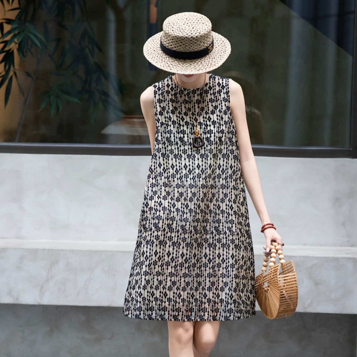 100% mulberry silk organza dress, mid-soled floral black polka dot loose straight A-line sleeveless skirt