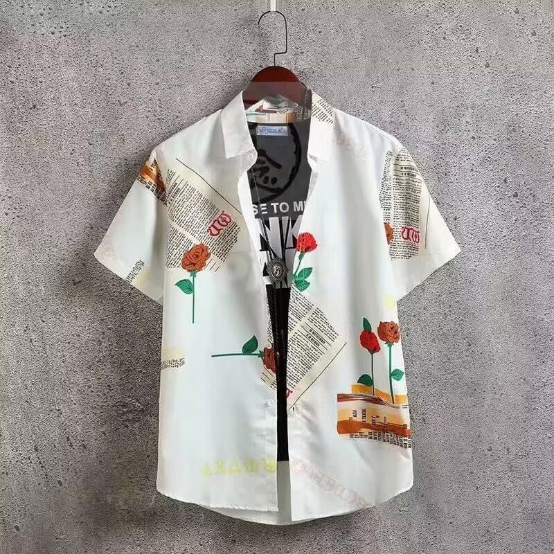 Summer Hong Kong Style Hawaiian Short Sleeve Rose Print Shirt Men Travel Plus Size Loose Straight Beach Shirt Jacket