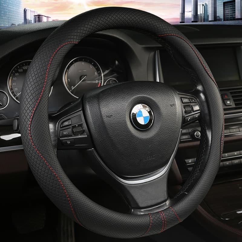 Car Steering Wheel Cover Anti-Slip Sweat-Absorbing Ultra-Thin Round Steering Wheel Cover Breathable All-Season Universal Genuine Leather Men and Women