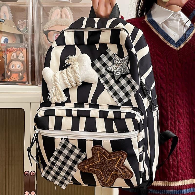 Y2K Millennium Style Star Patchwork Large Capacity Backpack Zebra Stripe Pattern Unisex Urban Simple Design School Backpack