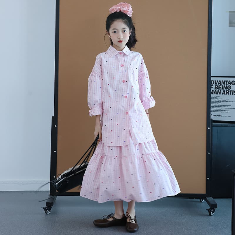 CS201 Spring/Autumn New Korean Style Girls' and Older Girls' Family Matching Shirt Mid-Length Plaid Long Sleeve Blouse