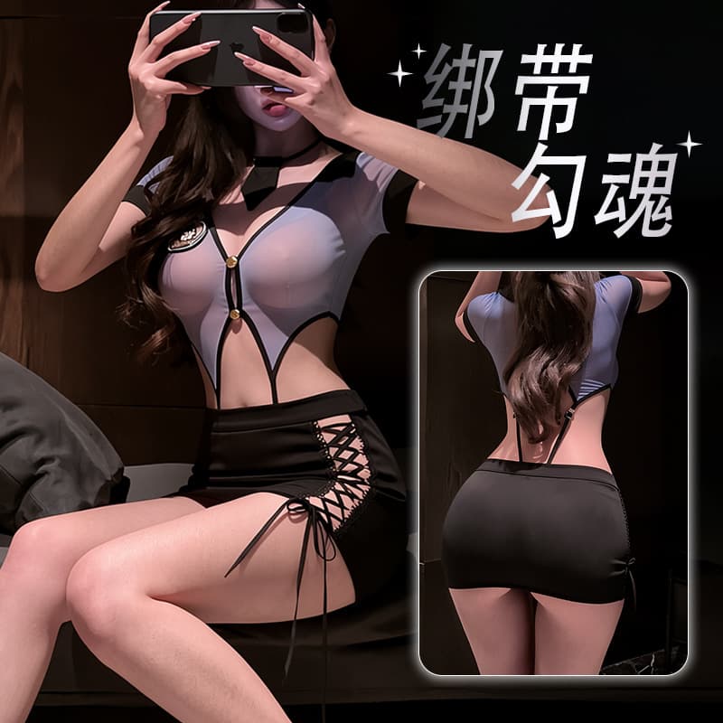 Sexy Lingerie Police Officer Costume Women's Sexy Outfit Bodysuit Hollow Out Secretary Pencil Skirt Hot Stewardess