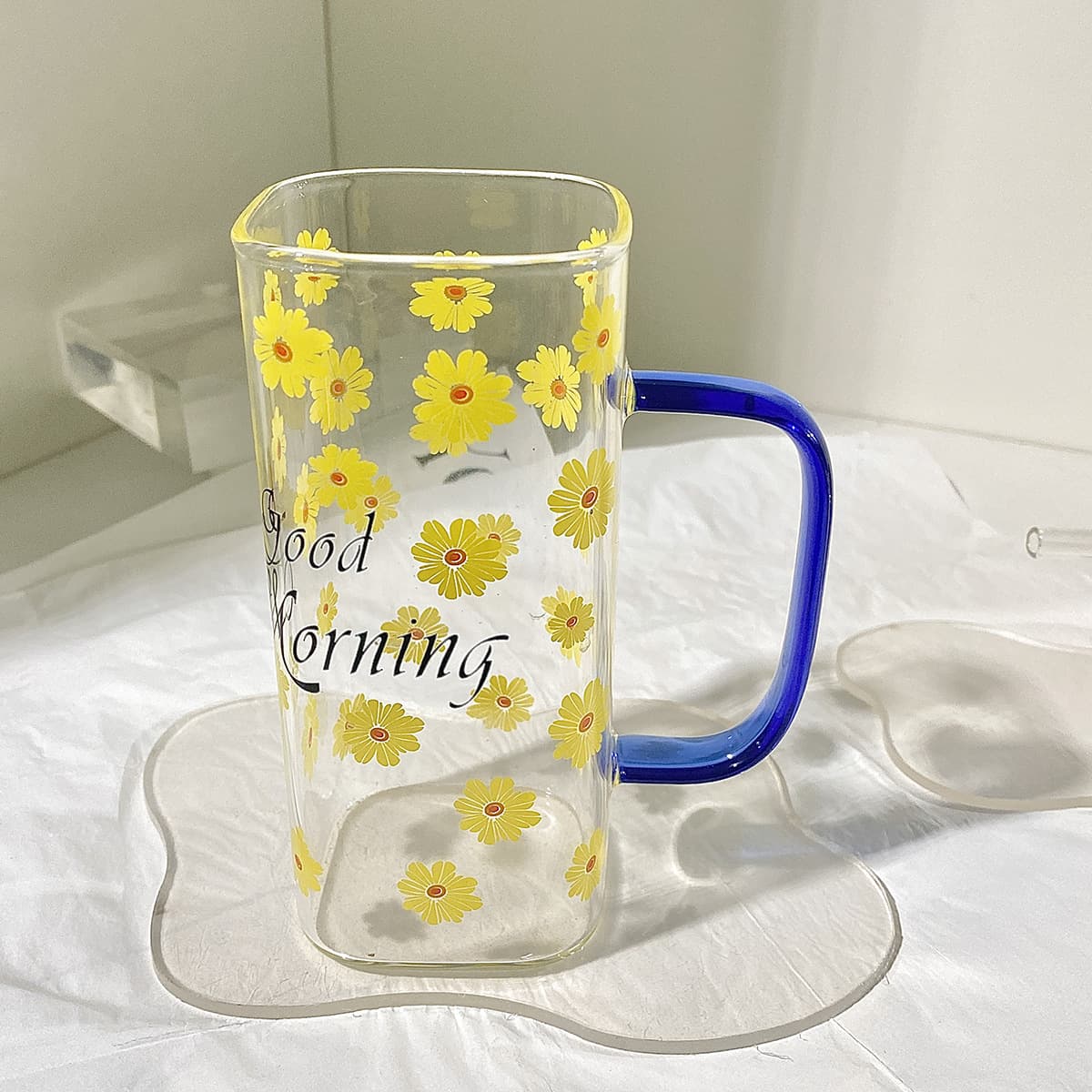 Square Glass Breakfast Cup with Handle, Home Straw Water Cup, Heat-Resistant Printed Square Glass Cup