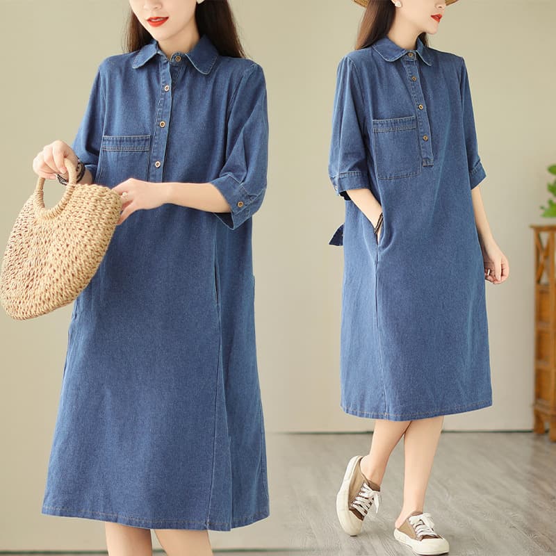 Korean Loose Plus Size Women's Midi Casual Faded Intellectual Denim Dress