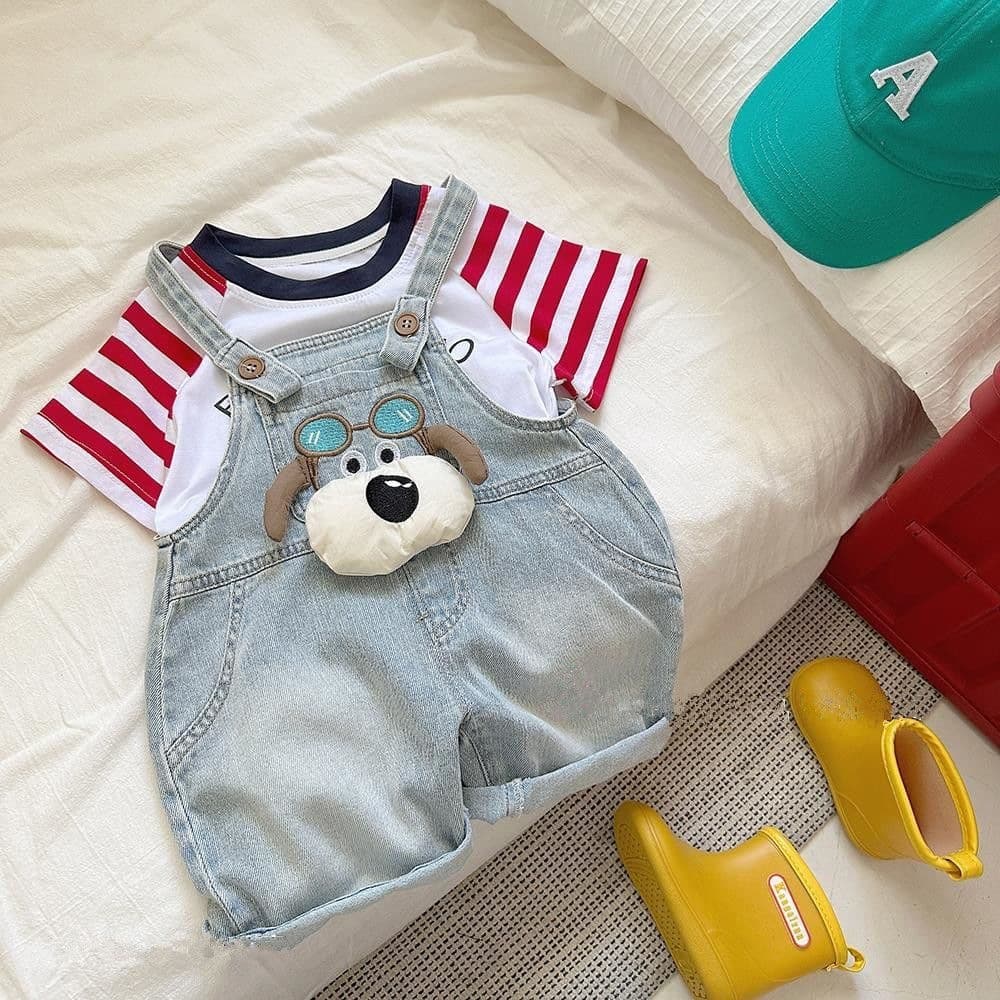 Baby Denim Overalls Shorts Kids Summer New Korean Style Cartoon Dog Casual Five-Quarter Pants Trendy