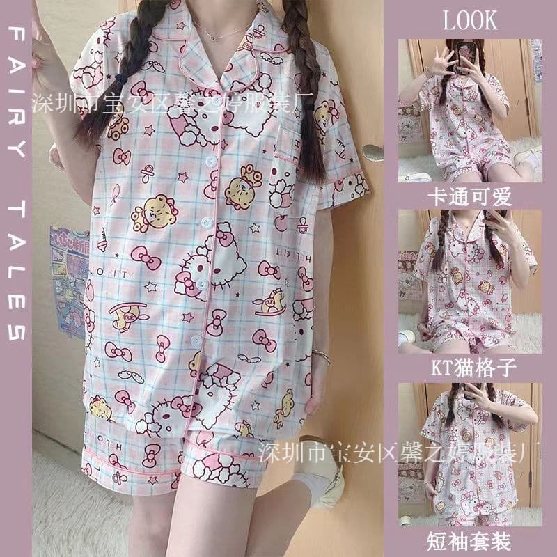Ladies Pajamas - Thailand Hot Selling Cardigan Sleepwear Set for Women, Short Sleeve Shorts, Cute Cartoon Homewear Set