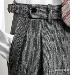 Italian High-Waist Slim Fit Wool Trousers Handcrafted Tweed Double Pleat Casual Straight-Leg Pants