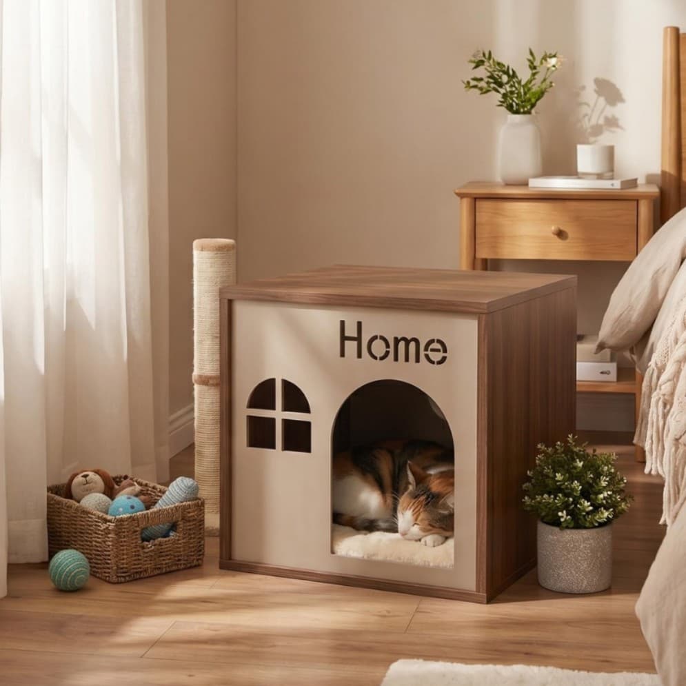 Square Wooden Cat House Semi-Enclosed Wood Grain Medium Summer Cat House Dog House Pet House Wooden Pet House