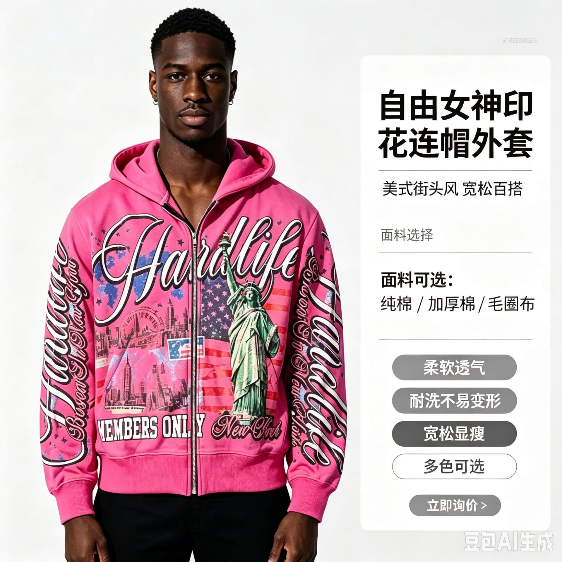 Fall/Winter Men's New York Statue of Liberty All-over Print Hoodie Set American Hip-hop Zip-up Hooded Jacket