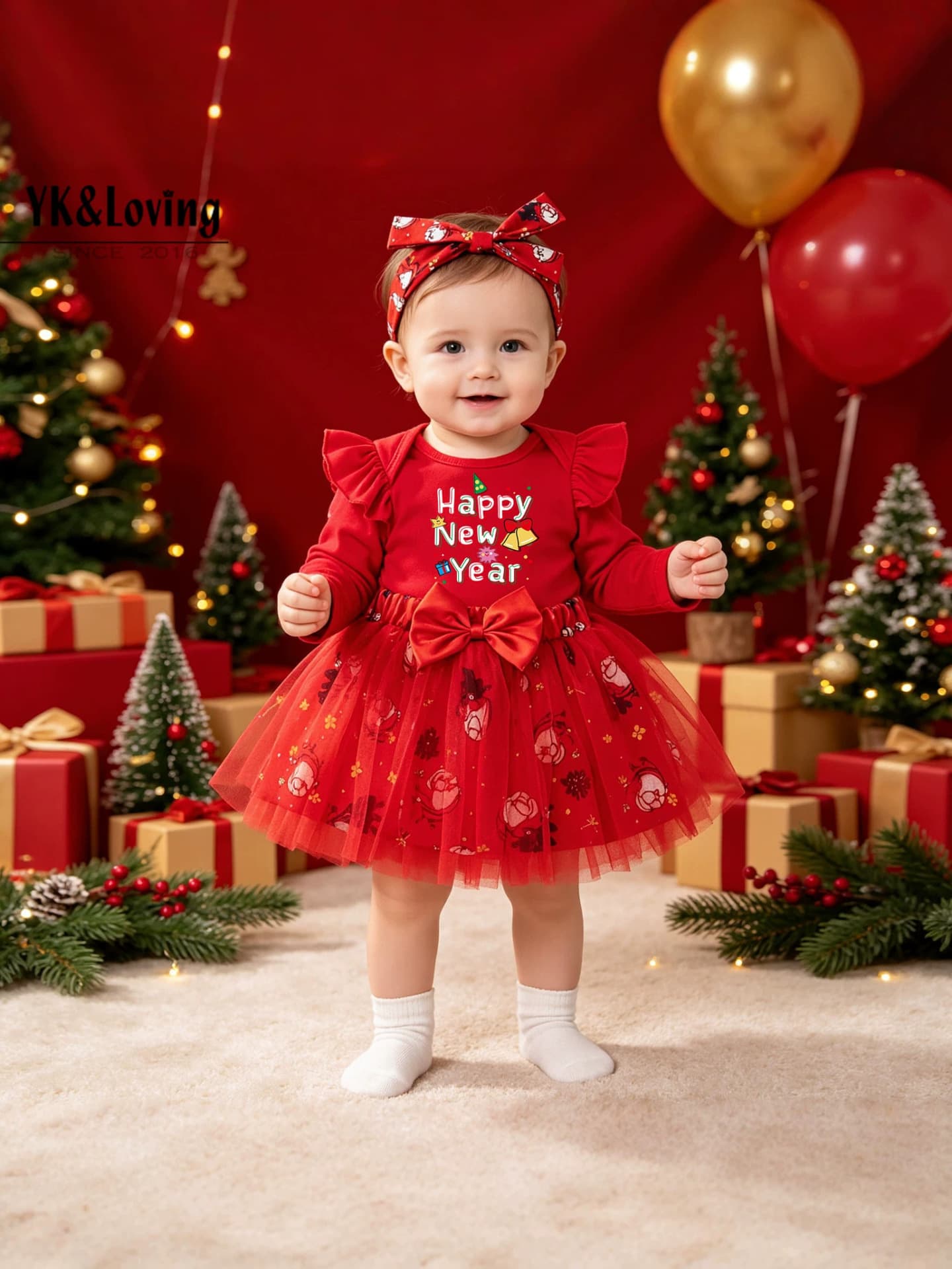 New Christmas baby clothing long-sleeved blouse skirt and hair accessories 3-piece set baby Christmas party clothes
