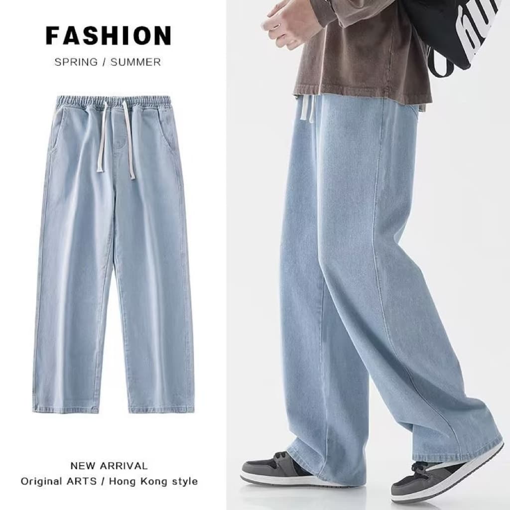 Japanese-style Drawstring Light Wash Jeans for Men, Elastic Waist, Loose Straight Leg, Floor-Length, Trendy Wide-Leg Casual Long Pants