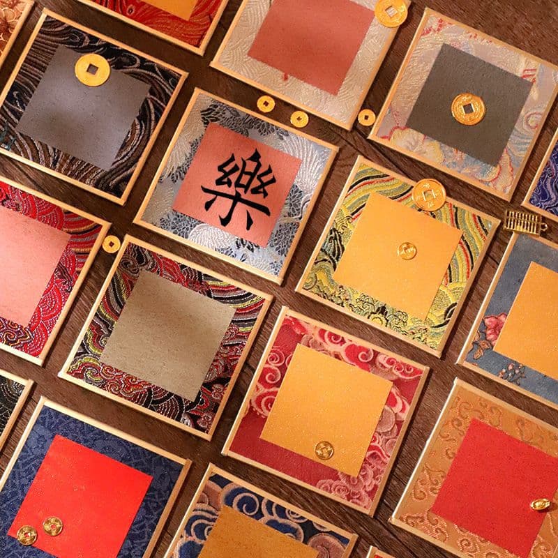 Square 10*10 Song Brocade Hard Card Cultural Creative Handwritten Calligraphy Lens Chinese Style Brocade Fabric Surface Paper Mulberry Bark Mixed Color Gold Edge