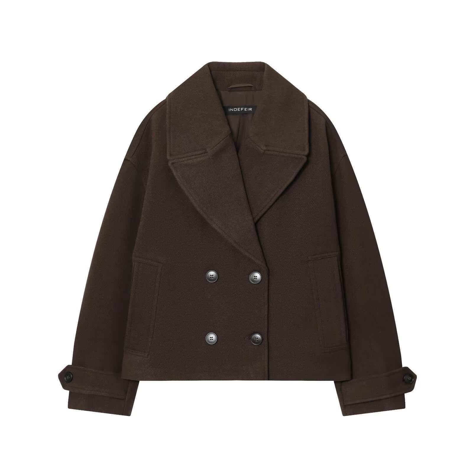 Short Cross-Border Double-Breasted Wool Coat for Women, Notched Collar, Long Sleeves, Autumn/Winter, Export Quality