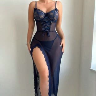 Cross-border European and American Thin See-through Sexy Lingerie Women's Slip Dress Temptation Sexy Sleepwear Nightgown