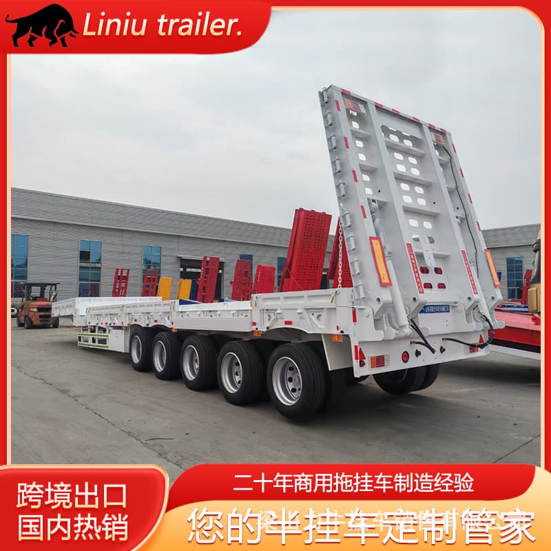 Engineering equipment transport lowbed semi-trailer, hydraulic ramp flatbed trailer, three-line six-axle trailer
