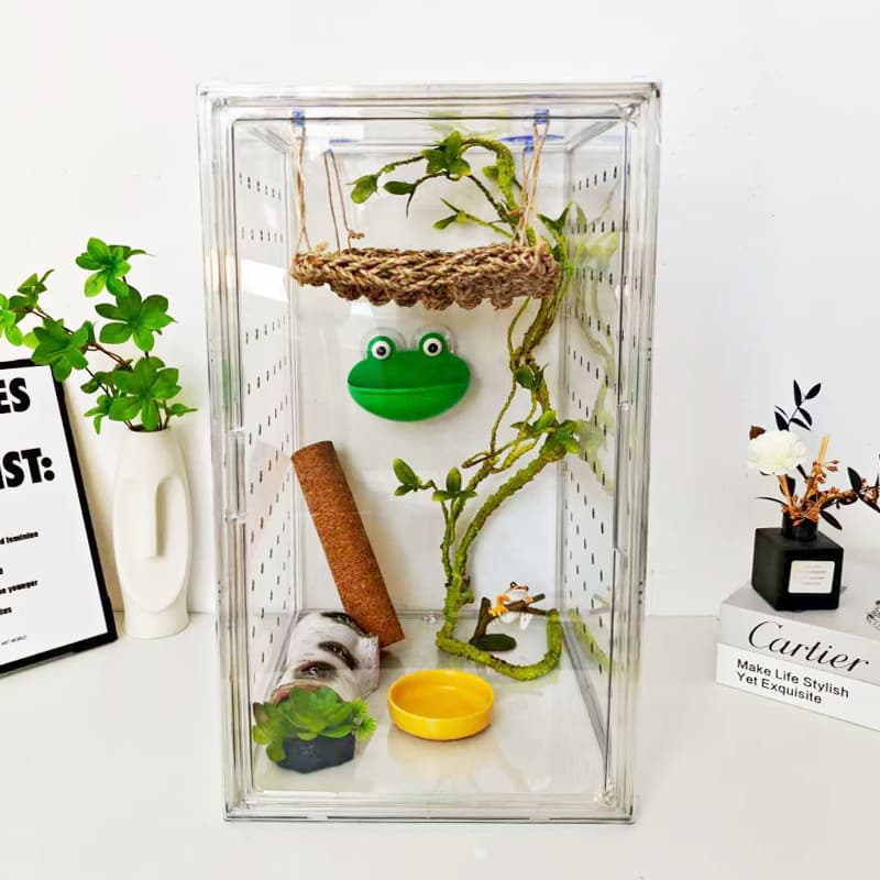 Crested Gecko Reptile Enclosure, Tree Frog Acrylic Starter Kit, Transparent Deluxe Habitat with Decor