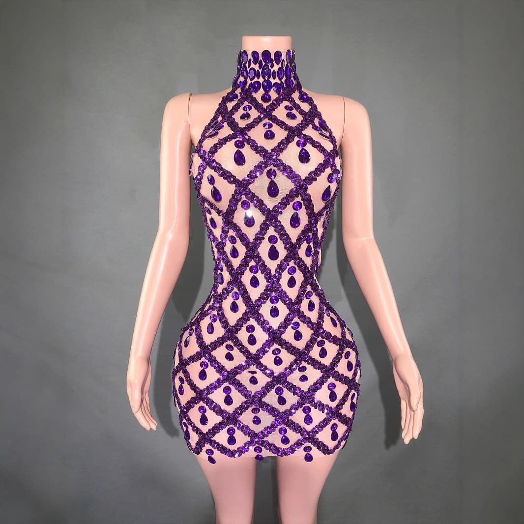 European and American Cross-border Hot-selling Sparkle High Neck Sleeveless Mesh Stretch Fitted Evening Dress Short Sexy Banquet Dress