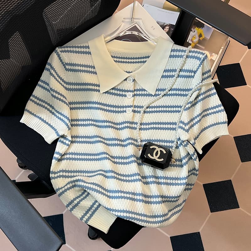 Counter Shopping Mall Withdraws International Brand Discontinued Single Tail Women's Polo Collar Striped Short Sleeve T-Shirt Sweater