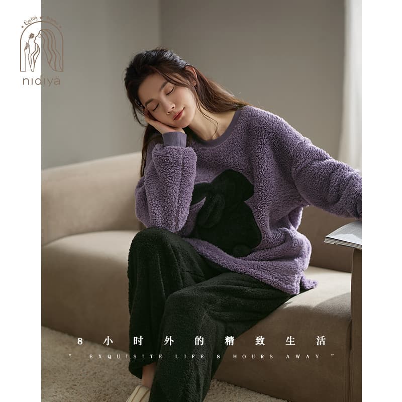 Nidiya Women's Pajama Winter Coral Fleece Thick Warm Cartoon Fashion Casual Wearable Purple Homewear Set