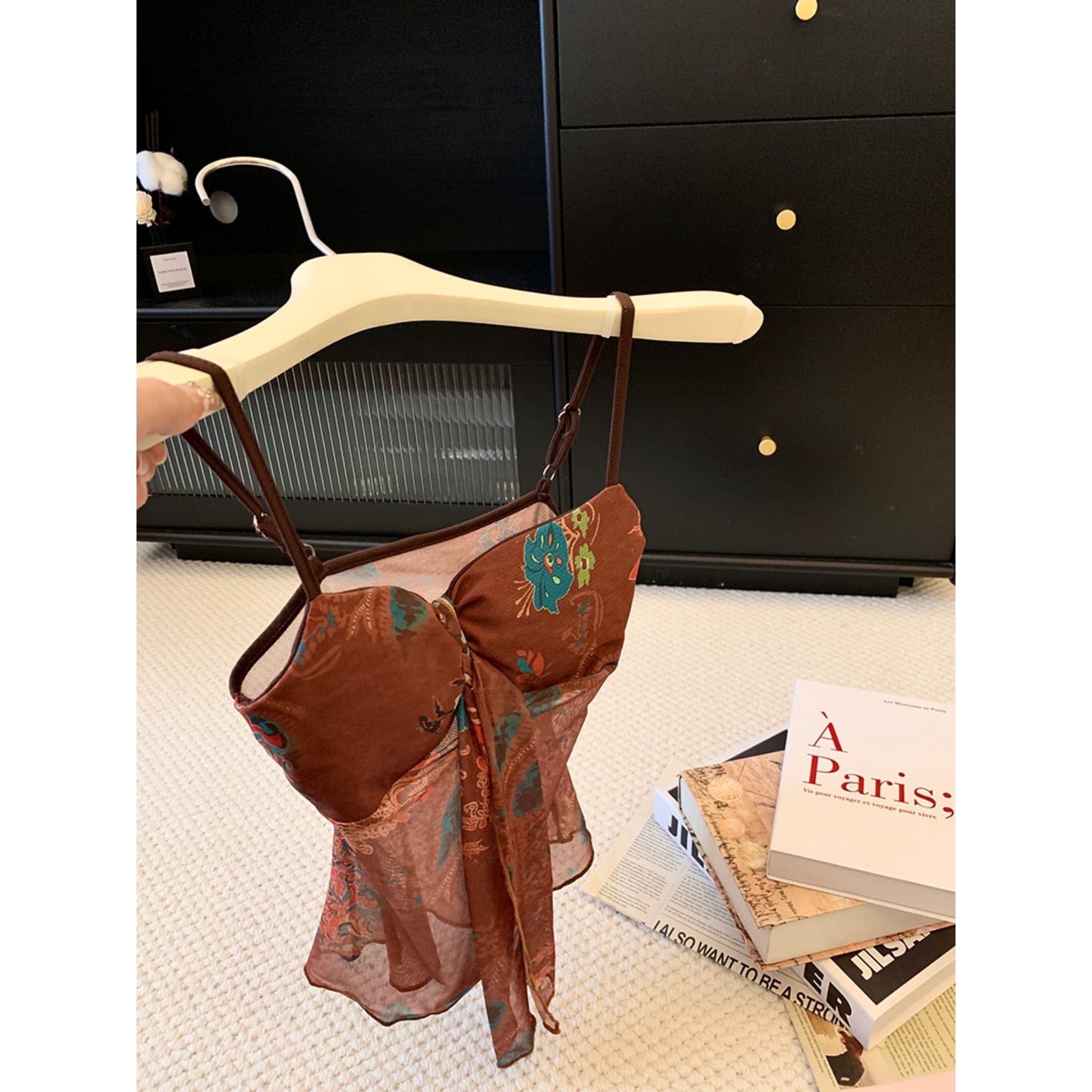 Vintage Brown Floral Print Ribbon Camisole Top for Women, Summer Sexy Open Back Mesh Waist-Slimming Design Top