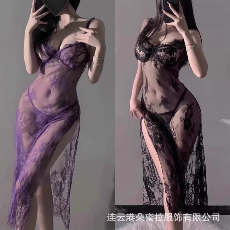 Duomila Lingerie Sexy Purple Suspender Nightgown Lace Split Long Dress for Small Bust