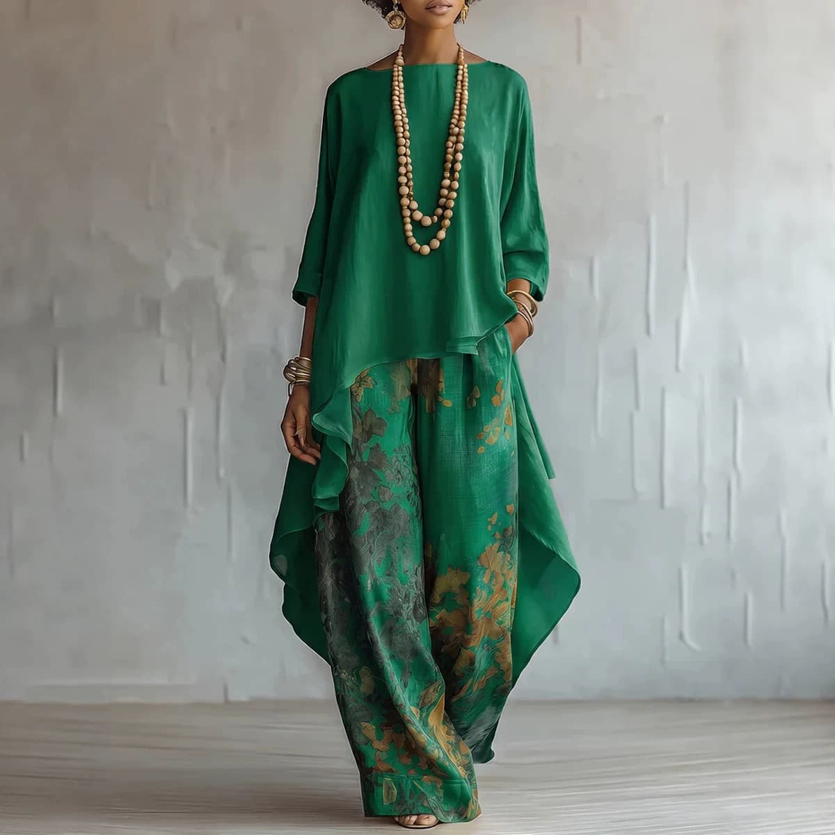 2026 New European and American Amazon Cross-border Exclusive Solid Color Top + Wide-Leg Pants Set Women's Fashion Two-Piece Set