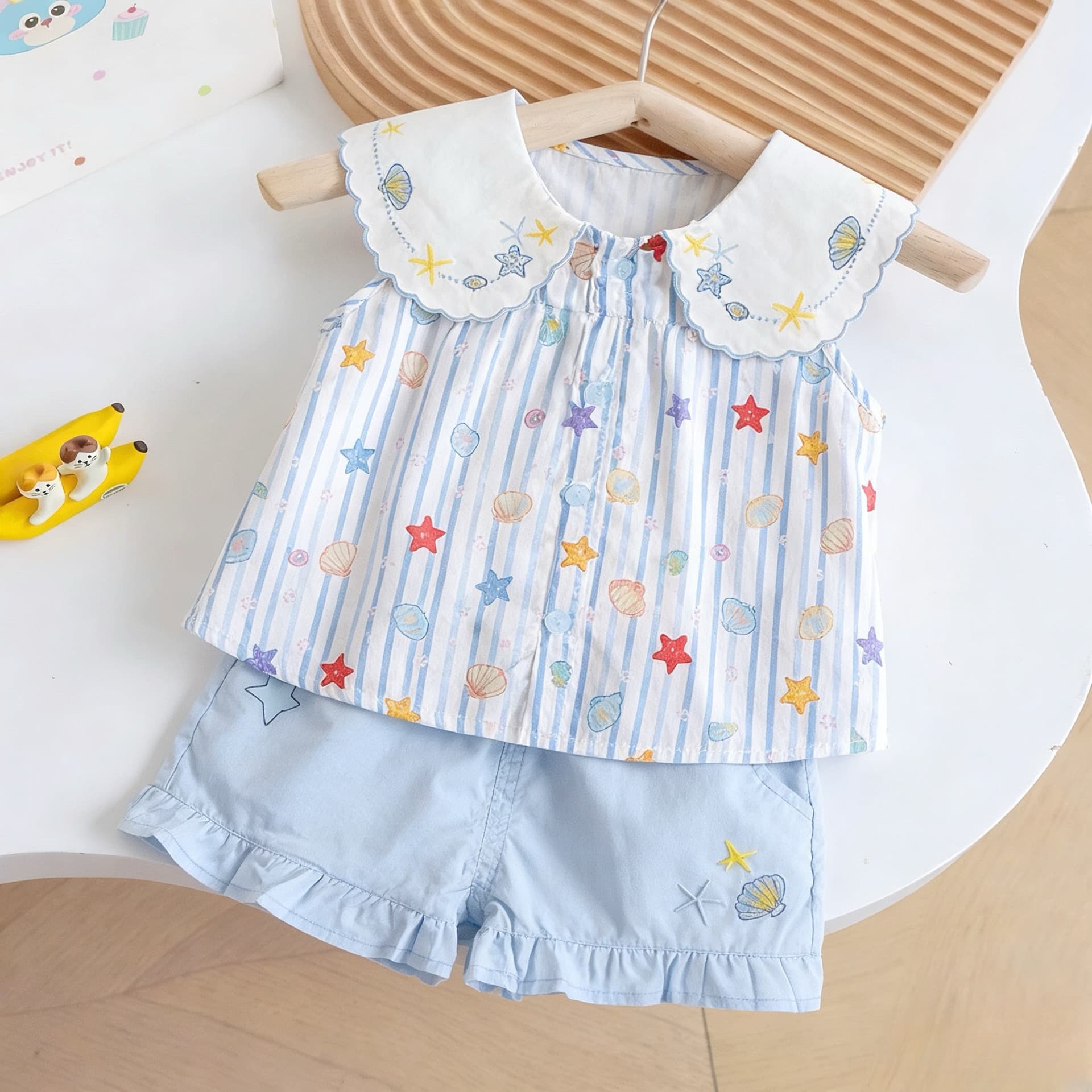 Baby girl summer suit girl doll collar starfish shell short sleeves + fungus edge shorts blue two-piece summer set
