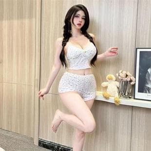 New Pure Desire Style French Young Girl Floral Print Camisole Dress with Padded Bra Women Lace Trim V-Neck Slim Fit Bodysuit