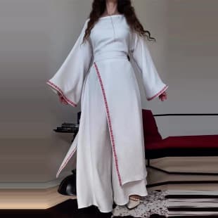 2026 European and American Amazon Cross-border New Women's Slit Waist-cinching Round Neck White Pants Commuter Suit