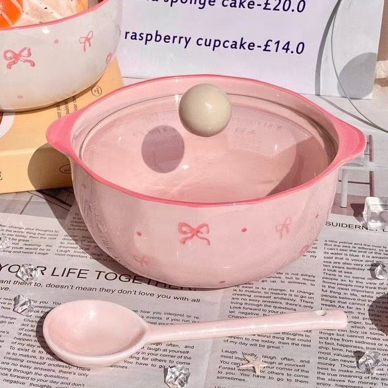 Cute and Stylish Ceramic Instant Noodle Bowl with Lid, Suitable for Student Dormitories, Includes Spoon and Chopsticks