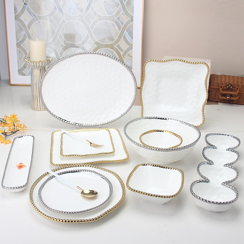Square Ceramic Plate with Bead Pattern and Gold Rim for Western Dinner, Sweet Course, Steak, Salad, Fruit, Home Use Dishware