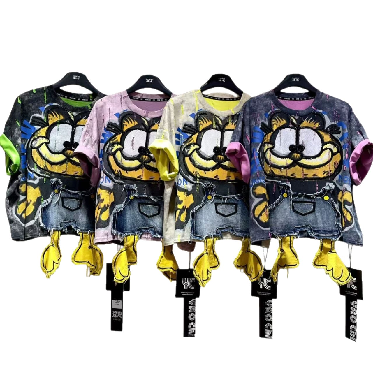 Overseas Fashion Brand Women's Summer New Heavy-Duty European & American Short-Sleeve T-Shirt with Sequins and Embroidery Mickey Mouse Loose Fit Distressed Oversized Style