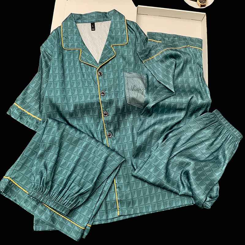 Dark Pattern Men's Ice Silk Pajamas Summer Turn-down Collar Short Sleeve Long Pants Set with Trim Contrast Color Casual Loungewear 3-Piece Set