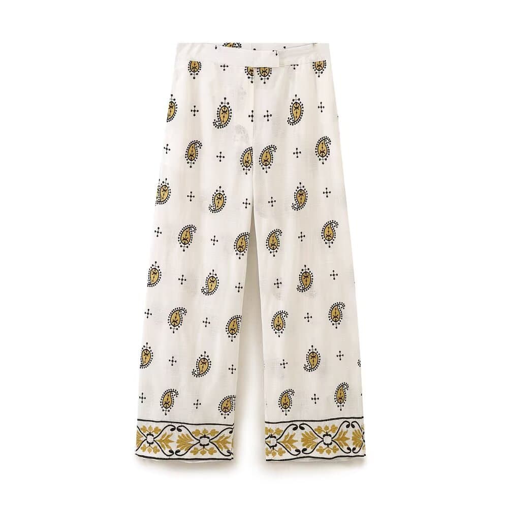 European and American style new summer women's clothing cross-border foreign trade temperament zipper embroidery long wide-leg pants 4387082