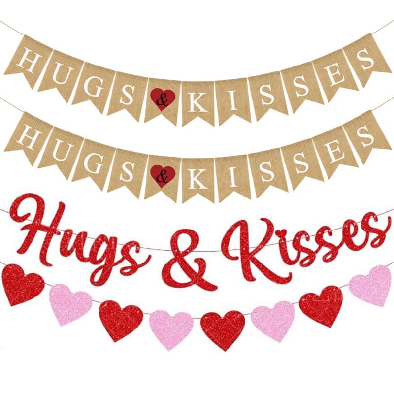 Factory European and American Valentine's Day Party Heart Hugs Kisses Burlap Banner Pennant Flag Red Glitter Bunting