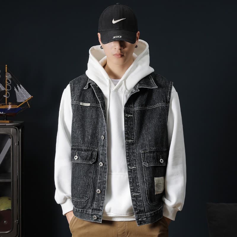 300 Jin Plus Size Men's Fall New Workwear Distressed Denim Vest Casual Loose Fit Jacket Top