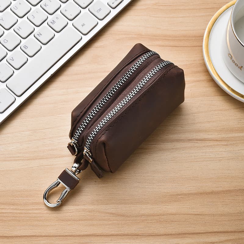 Practical hand-held two-in-one leather-textured double-layer zipper car key bag storage coin purse for men and women