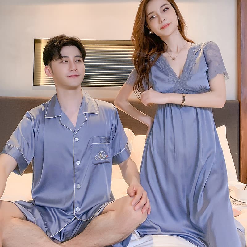 Couple Pajamas Women's Summer Ice Silk Short Sleeve Plus Size Slimming Nightgown Spring Autumn Men's Plus Size Wedding Homewear Set