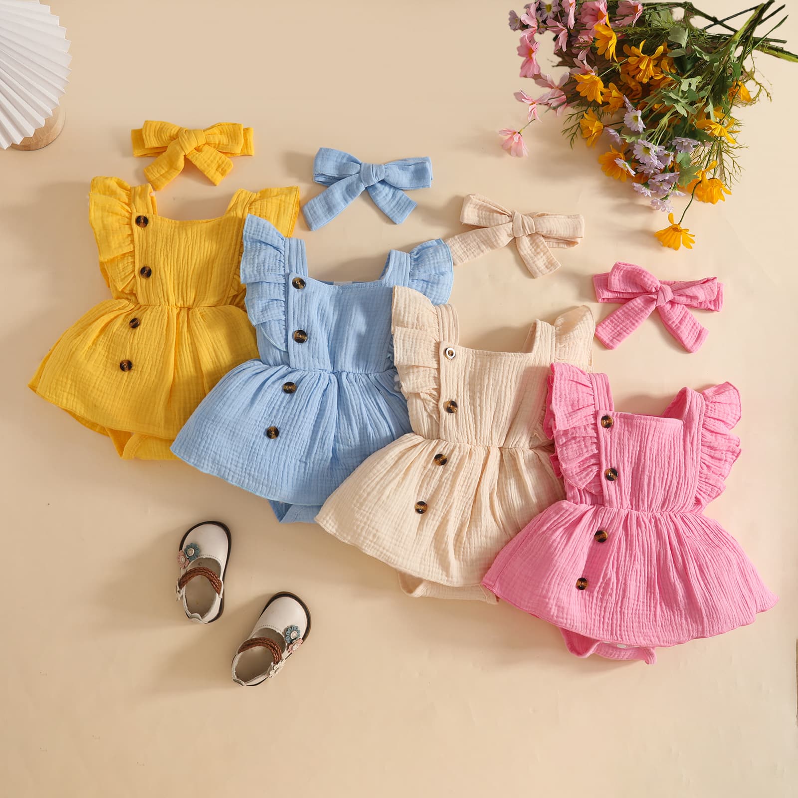 Cross-border 0-1 Year Old Baby Girl Summer Ruffle Sleeve Square Neck Crepe Fabric Dress + Headband Sweet Triangle Bib Dress