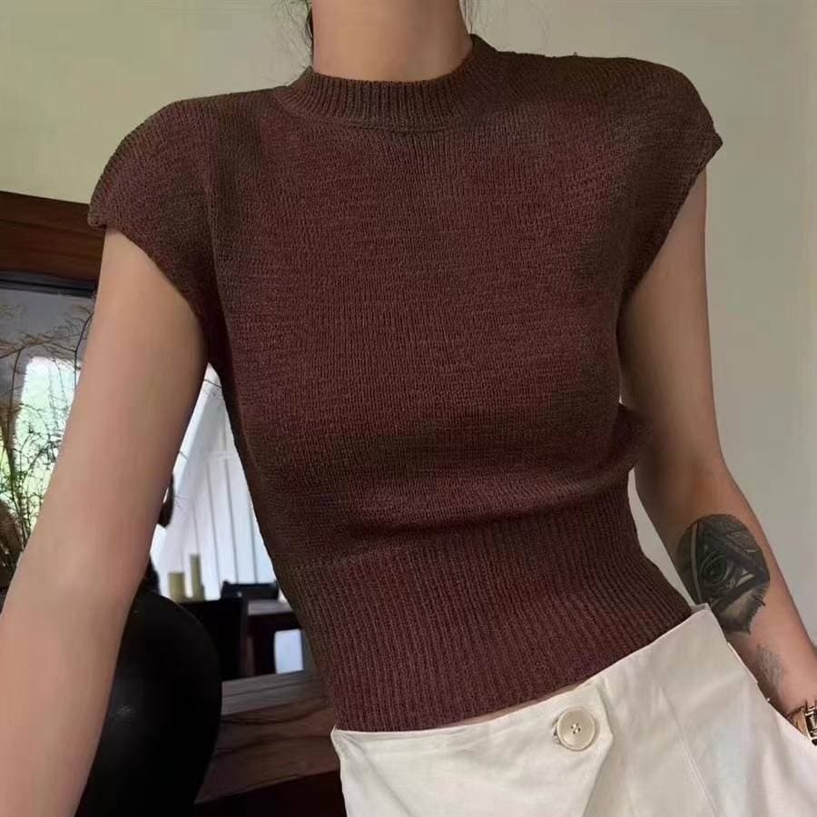 Designer Cutout Round Neck Knit Top Women Summer 2023 New Versatile T-Shirt Sleeveless Slim Fit Cropped Top