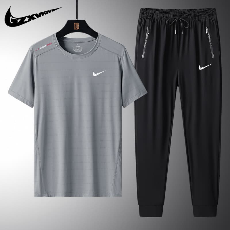 Men's 2024 New Ice Silk Sport Casual Set Summer Breathable Thin Short Sleeve T-Shirt / Long Pants Two-Piece Set