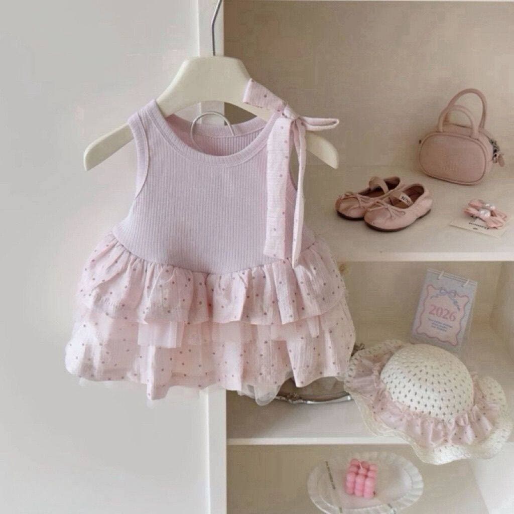 Cross-Border Summer 2026 Girls Korean Style Baby Polka Dot Bow Cake Dress Sweet Puffy Dress for Girls