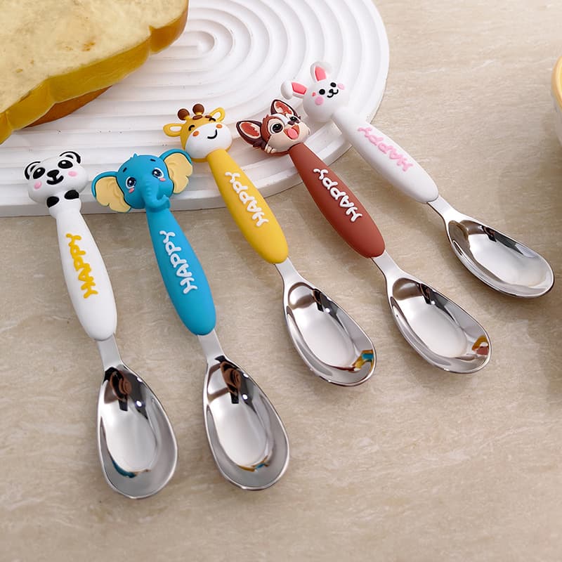 Children's Yuanbao spoon cartoon animal tableware 316L stainless steel deepened small spoon baby food supplement eating spoon