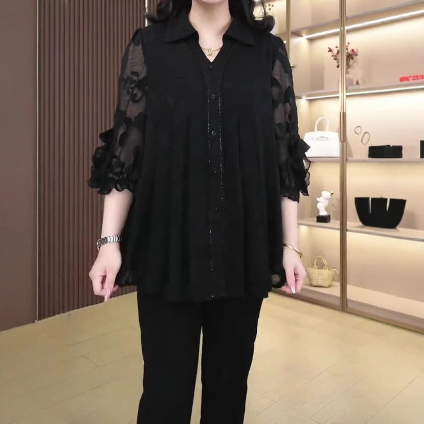 Summer New Organza Jacquard High-End Same as Department Store Loose Princess Fairy Shirt Top for 30s Middle-Aged Women