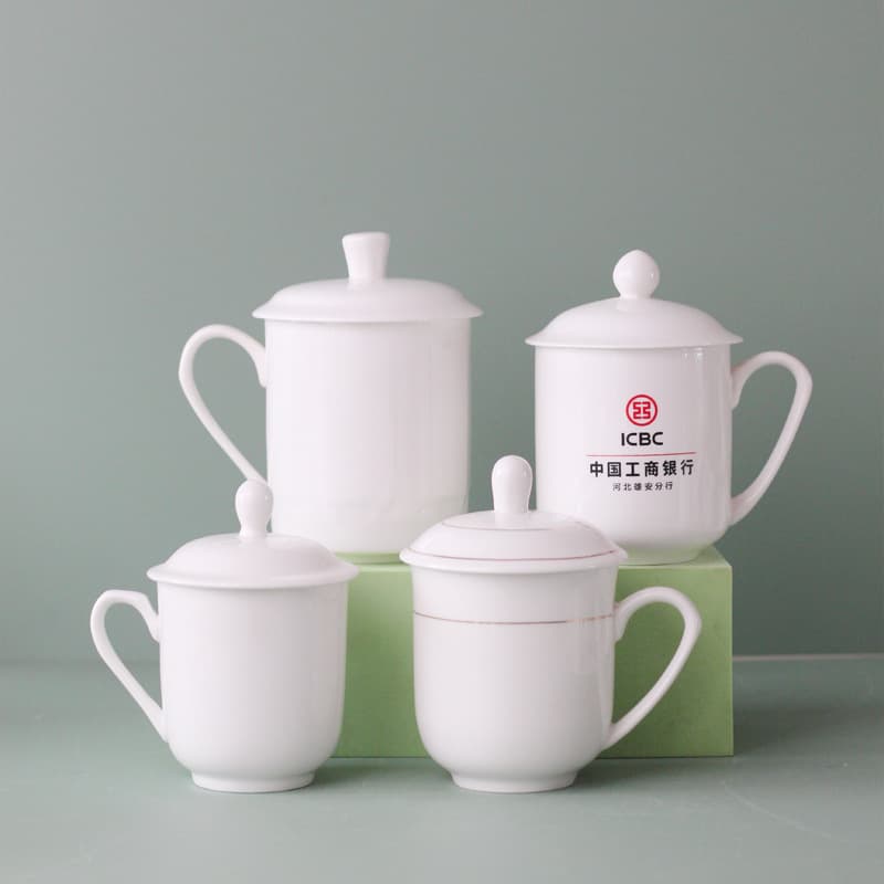 Gold-rimmed Bone China Office Water Cup, Pure White Ceramic Meeting Cup, Tea Cup with Lid, Custom Logo Print Office Water Cup