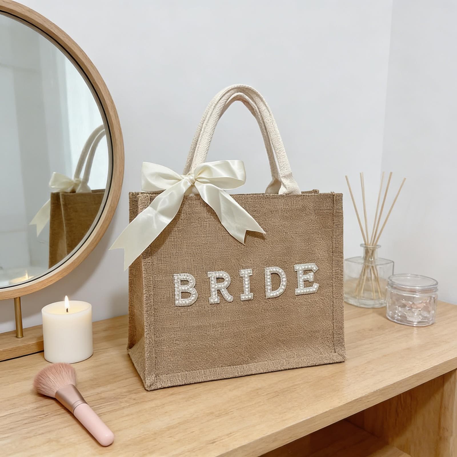 Amazon Hot Selling BRIDE Jute Handbag Pearl Letter Bow Bride Bag Wedding Favor Bag