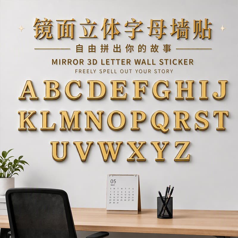 Cross-border Acrylic 3D Three-dimensional English Letter Self-adhesive Wall Sticker Home Background Mirror Decal