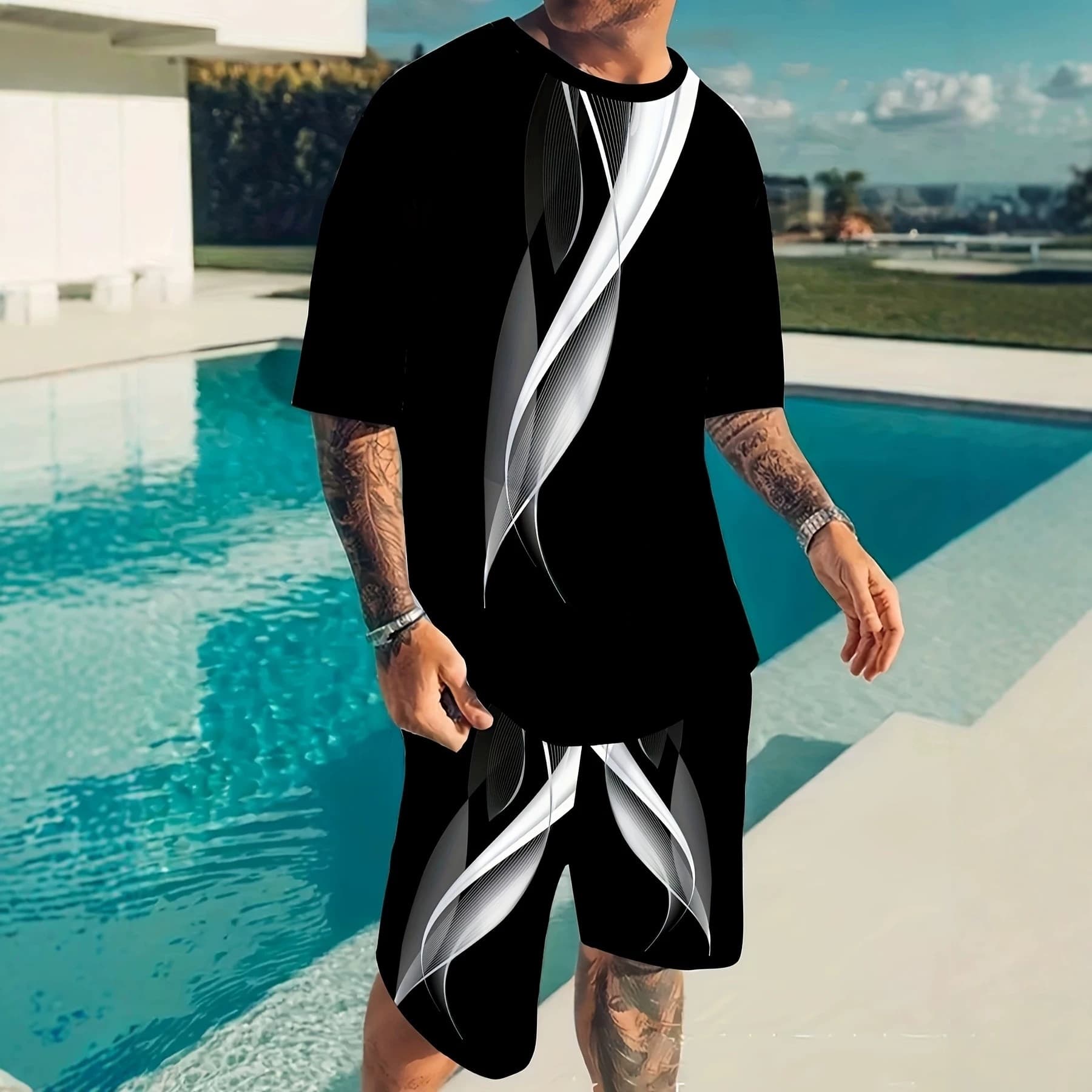 Men's Fashion 3D Striped T-Shirt and Shorts Set - Men's Fashion Summer Streetwear, 2-Piece Casual