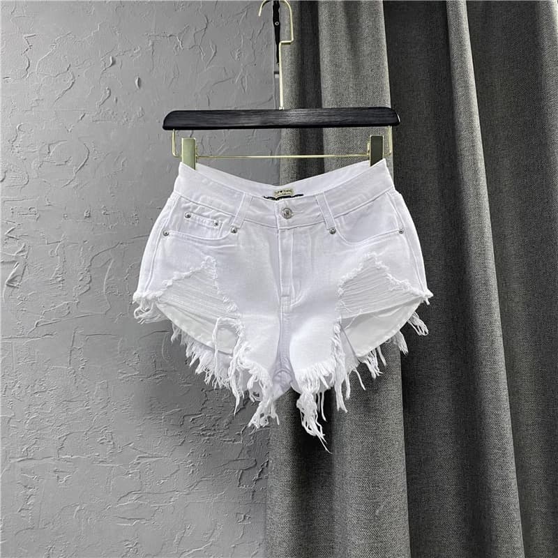 European and American Fashion Low-Waist Shorts Women's Raw Edge Pants 2025 New Summer White Jeans Ripped A-Line Hot Pants Trendy